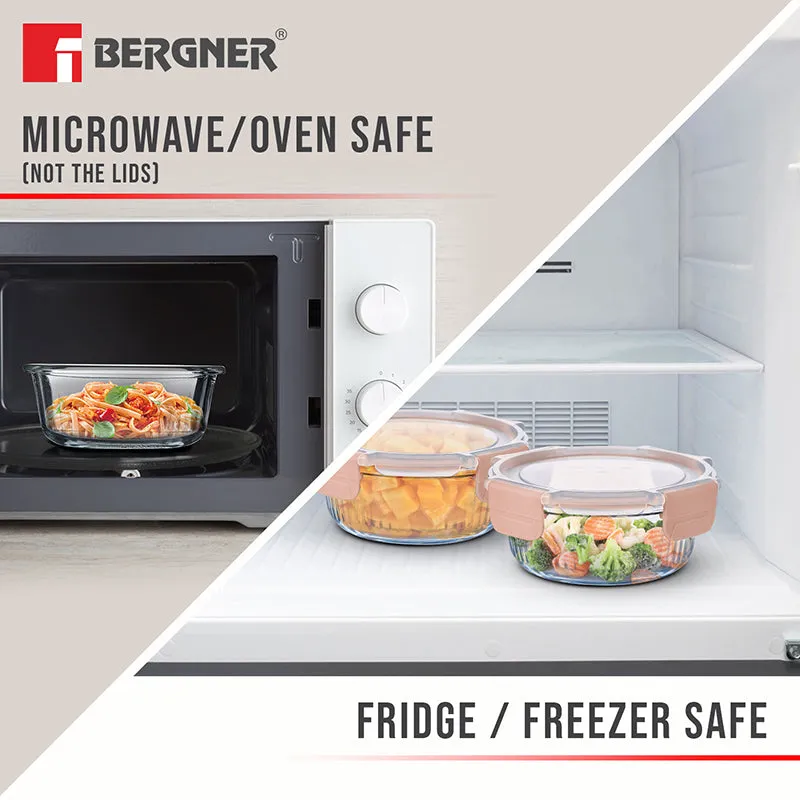 Glass tiffin shown in a microwave and freezer storage setting