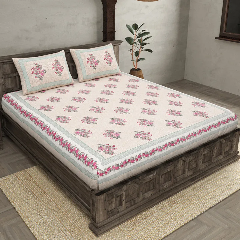Ahana Floral Printed Cotton Bedsheet (Pink) - 144 TC media 1