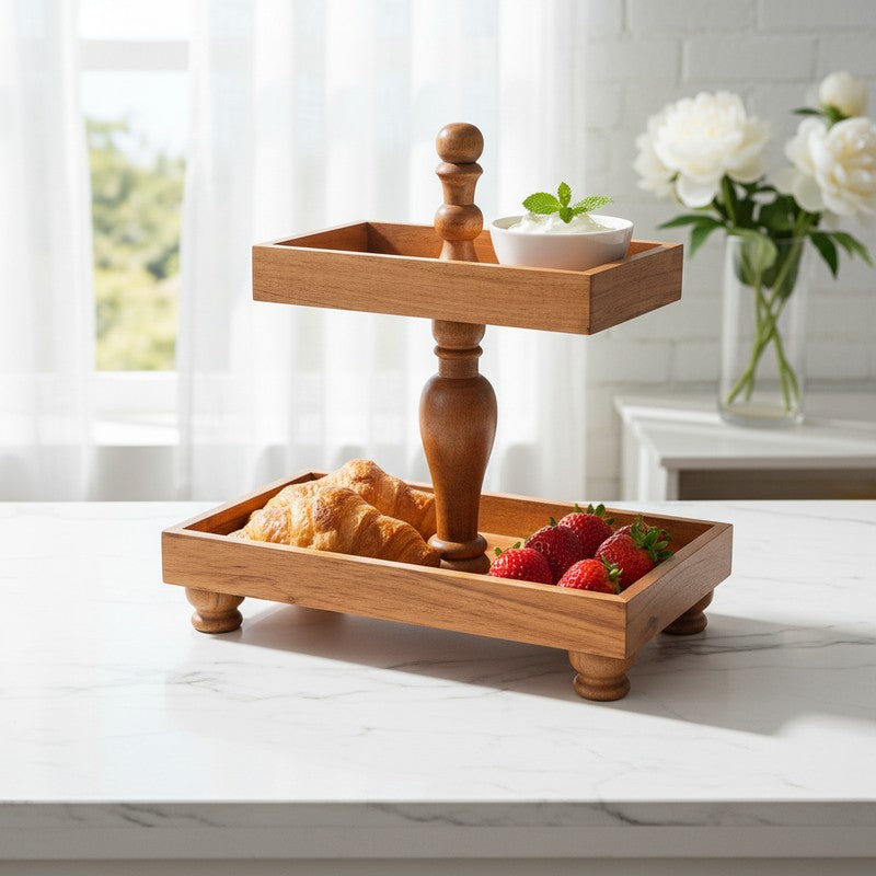 DuoServe Rectangle Wooden Two-Tier Cake Stand