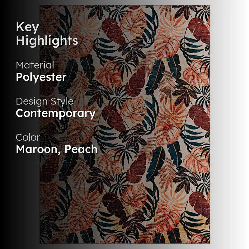 Rectangular carpet with tropical leaf print in maroon and peach