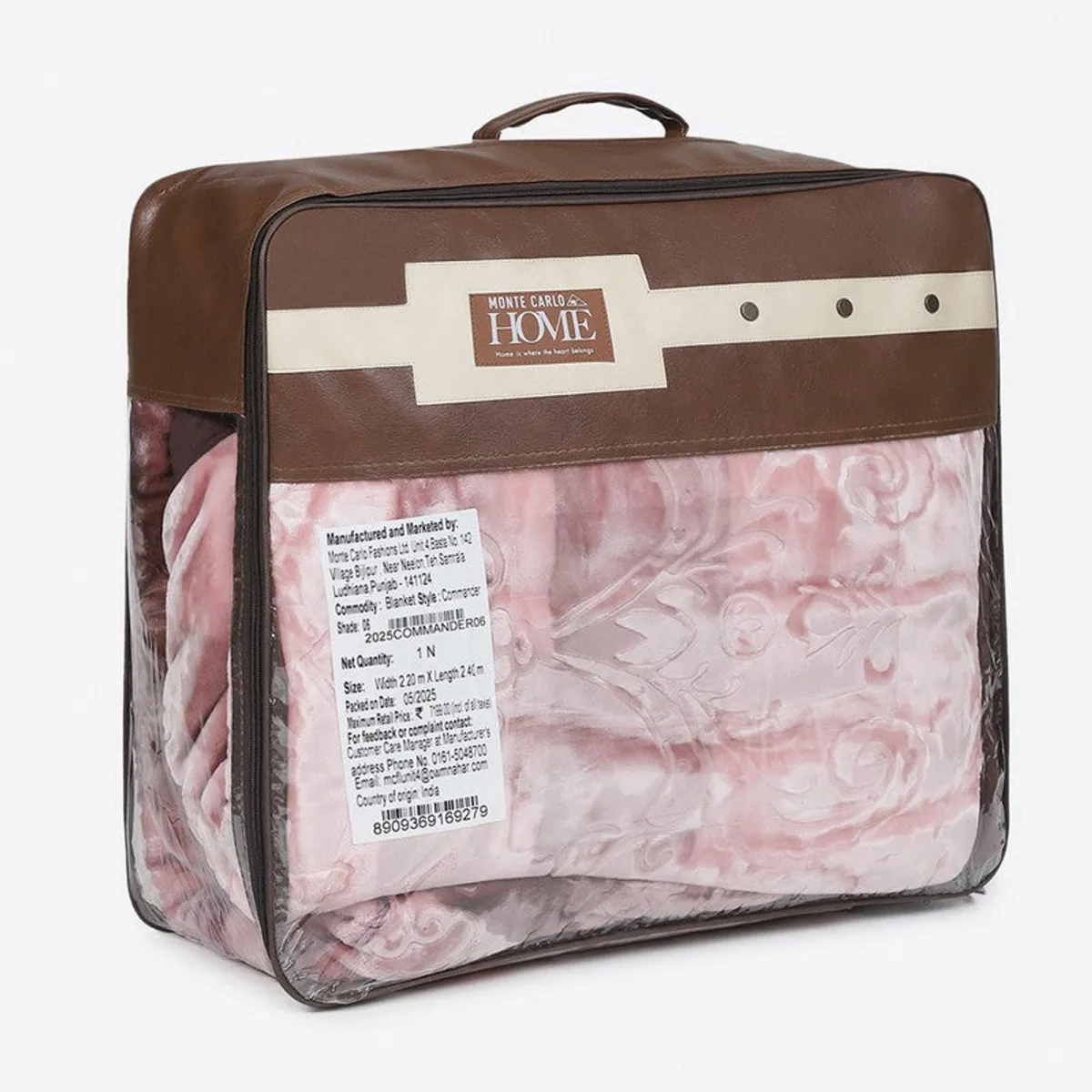 Folded pink blanket displayed in a zippered storage bag
