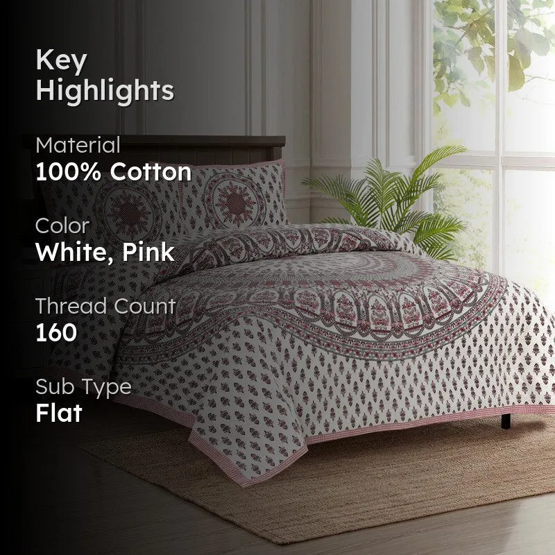 Navika Ethnic Cotton Flat Bedsheet (White & Pink) - 160 TC media 2