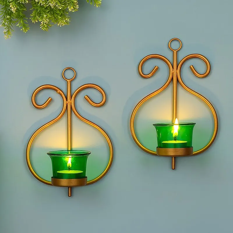 Seina Gold Frame Sconce Candle Holder (Green) - Set Of Two media 1