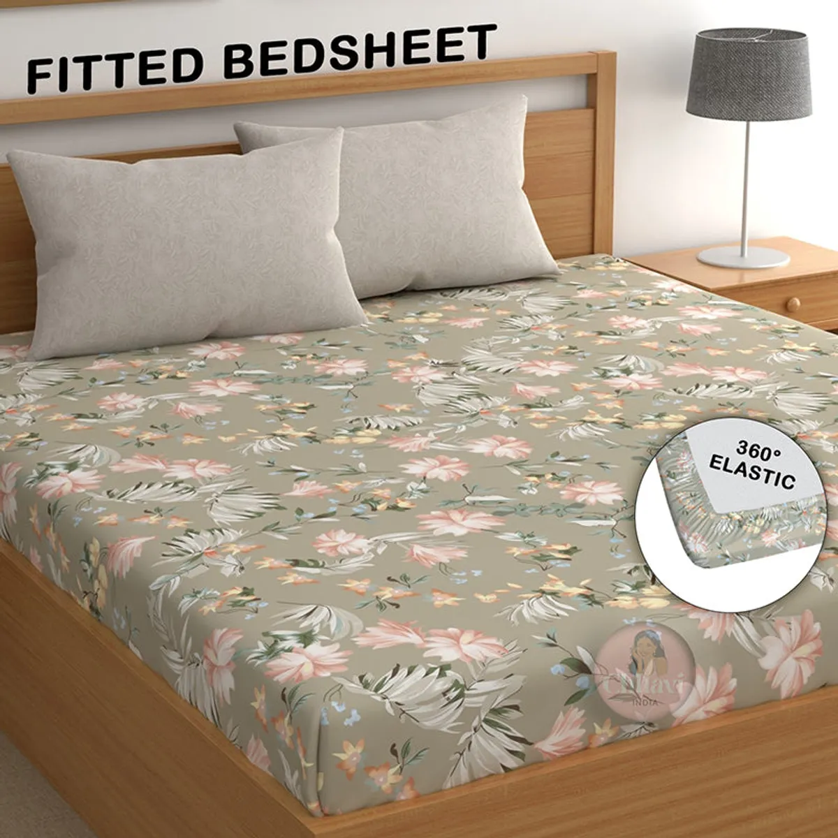 Floral fitted bedsheet on bed with elastic corner detail shown