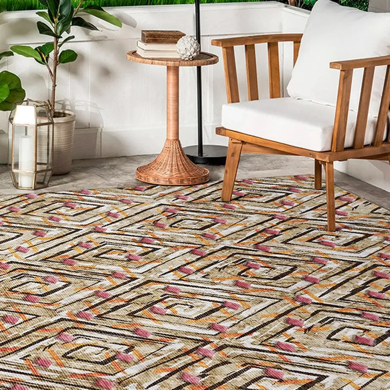 Geometric patterned carpet placed beside a wooden lounge chair