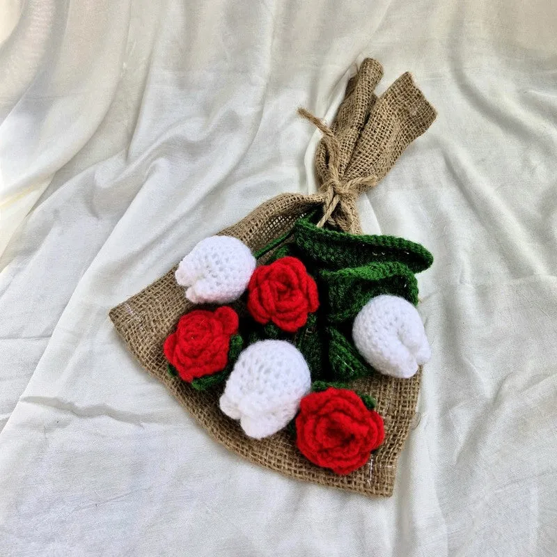 Crochet Handmade Rose Bouquet (Red,White) - Set Of Six media 4