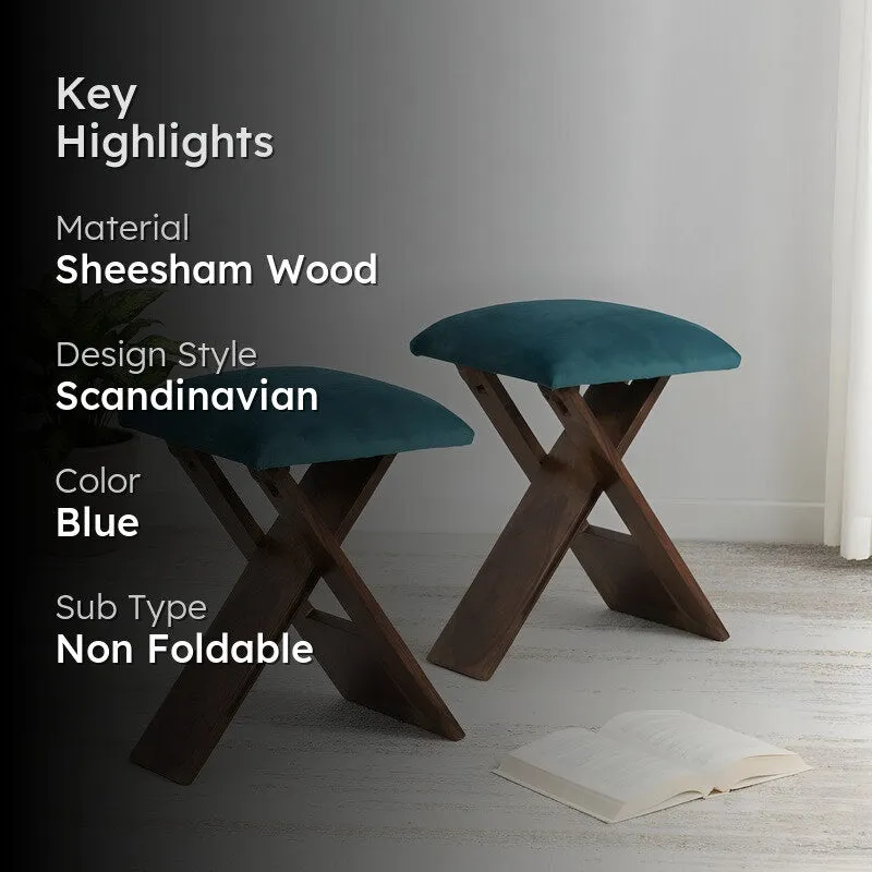 Grixo Sheesham Wooden Stools (Blue) - Set Of Two media 2