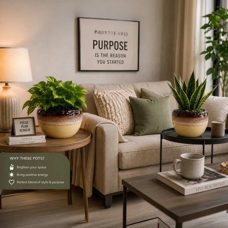 Two matching ceramic planters with indoor plants styled in a living room