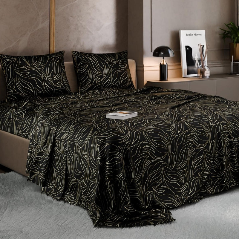 Midnight Opera & Gold Satin Bedsheets - 150 GSM