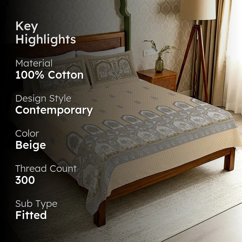 Urban Space Parampara Ethnic Fitted Cotton Bedsheet (Beige) - 300 TC media 2