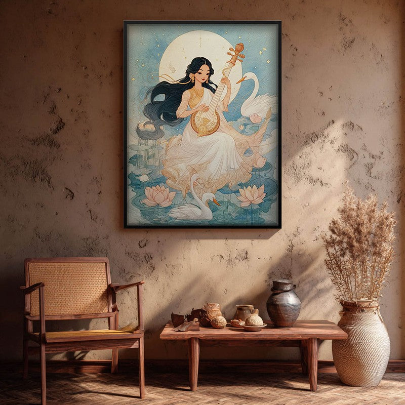 Goddess Saraswati Playing Bina Blissful Archival Paper Wall Art