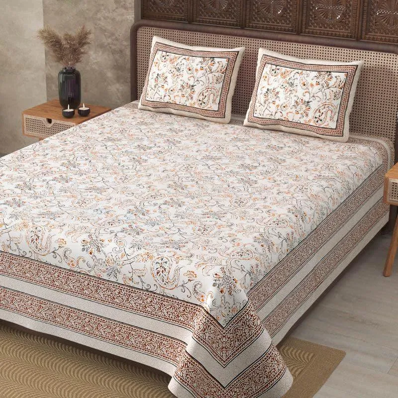 Aari Floral Cotton Bedsheet (Brown) - 130 TC media 3