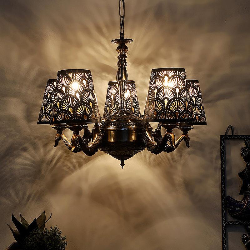 Ethnic Noma Etched Mayoor Golden Antique Ceiling Lamp
