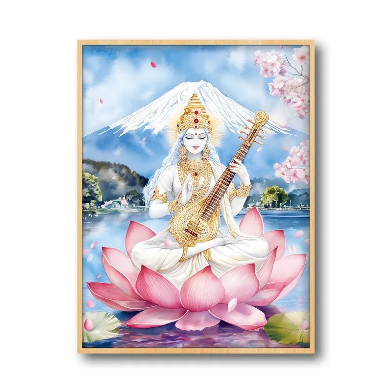 Padmasana Saraswati Spiritual Archival Paper Wall Painting - Natural Brown Frame media 5