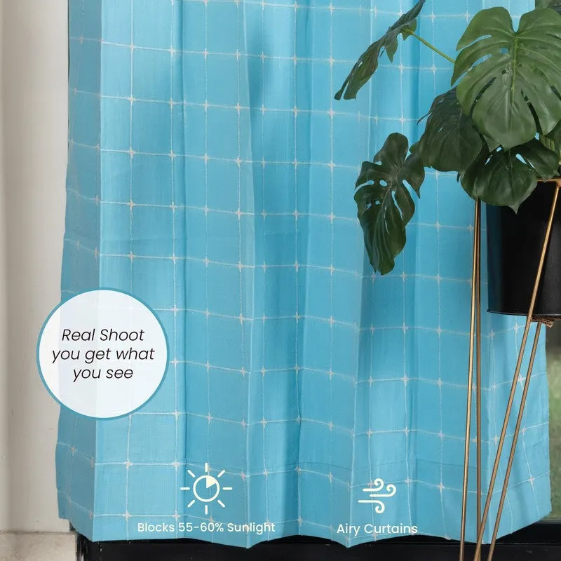 Pixel Checks Cotton Curtain - Light Blue media 5