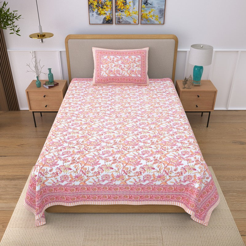 Silkena Floral Cotton Bedsheet (Orange & White) - 240 TC