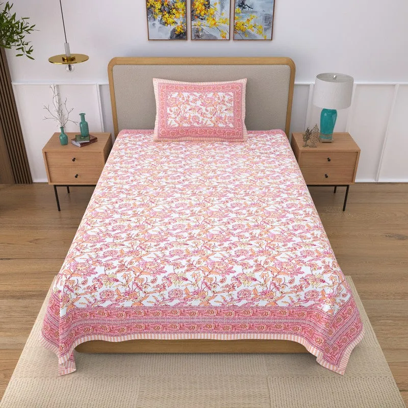 Silkena Floral Cotton Bedsheet (Orange & White) - 240 TC media 1