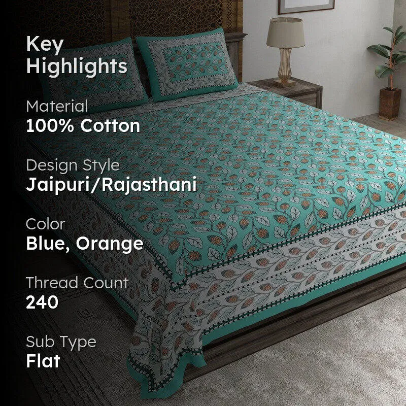Crafta Cotton Bedsheet (Blue,Orange) - 240 TC media 2
