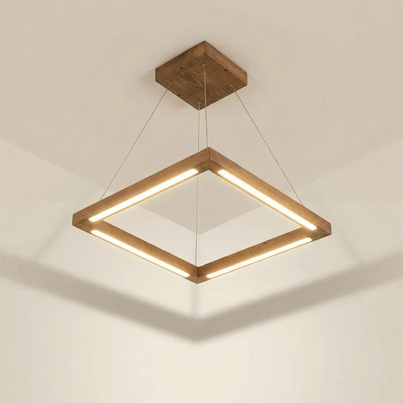 Underside view of a lit square wooden LED ceiling lamp