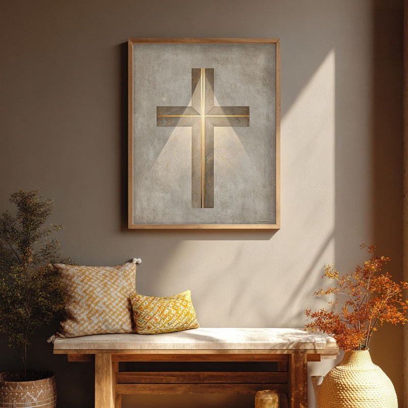 Holy Cross Glow Archival Paper Wall Painting With Brown Frame