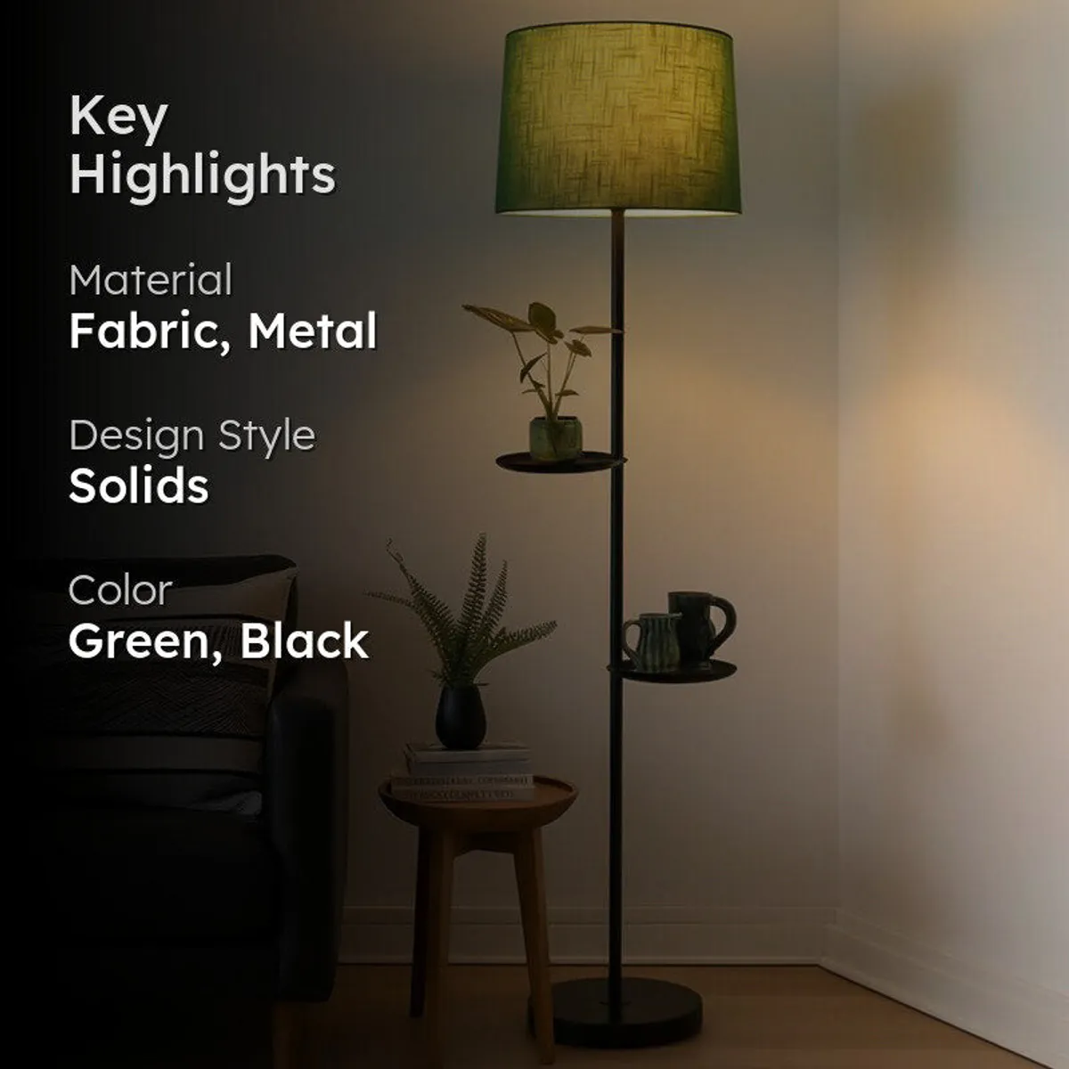 Lit green shade floor lamp with key highlights text overlay
