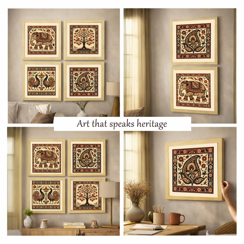 Vintage Folk Art Paper Wall Painting - Set Of Four media 7