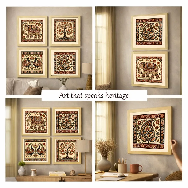 Vintage Folk Art Paper Wall Painting - Set Of Four media 7