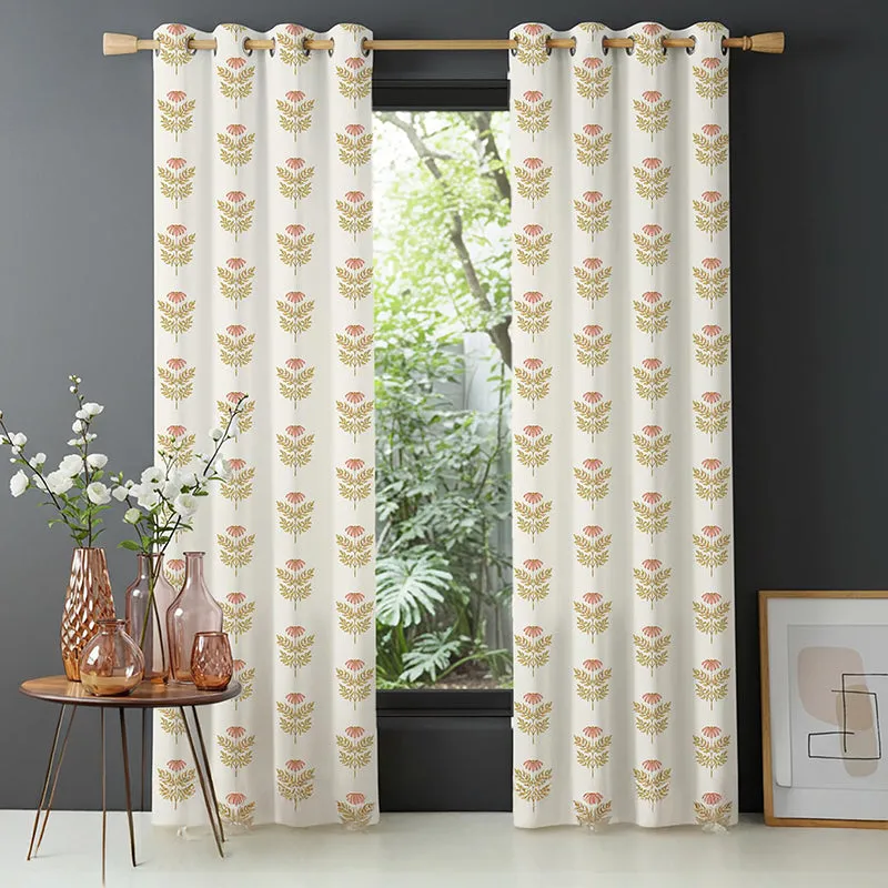 Peach floral semi sheer curtains shown hanging open