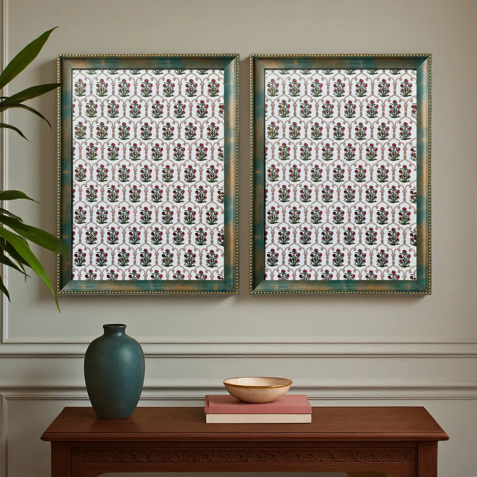 Traditional Floral Pattern Wall Painting With Frame - Set Of Two media 3