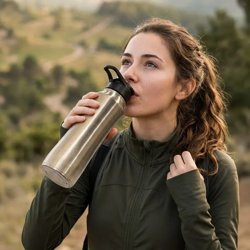 Person drinking from a silver steel bottle outdoors