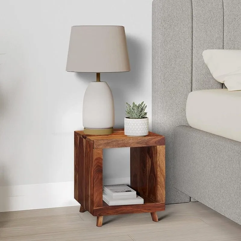 Qverox Sheesham Wooden Side & Bedside Table - Light Brown media 4