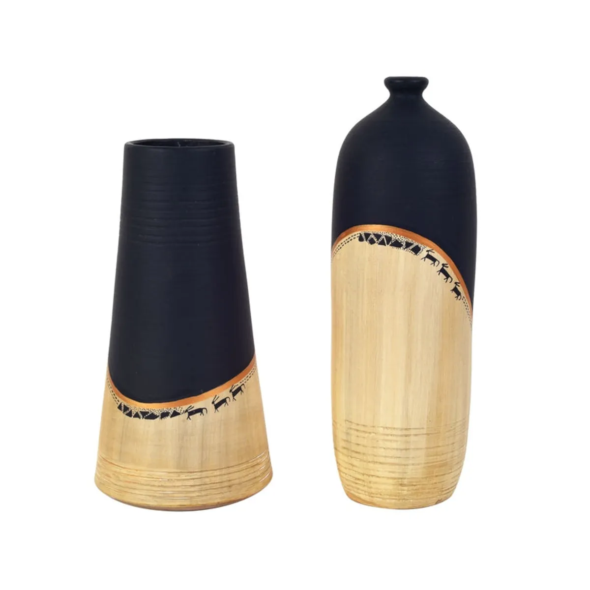 Studio view of two black and beige decorative vases