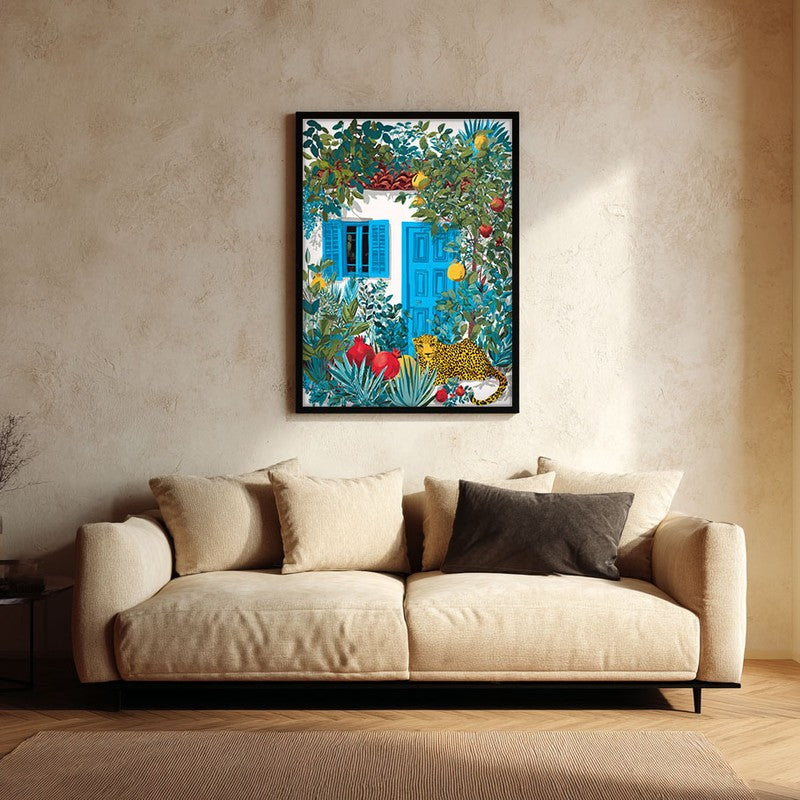 Floravista Botanical Blue Cottage Canvas Wall Painting With Black Frame