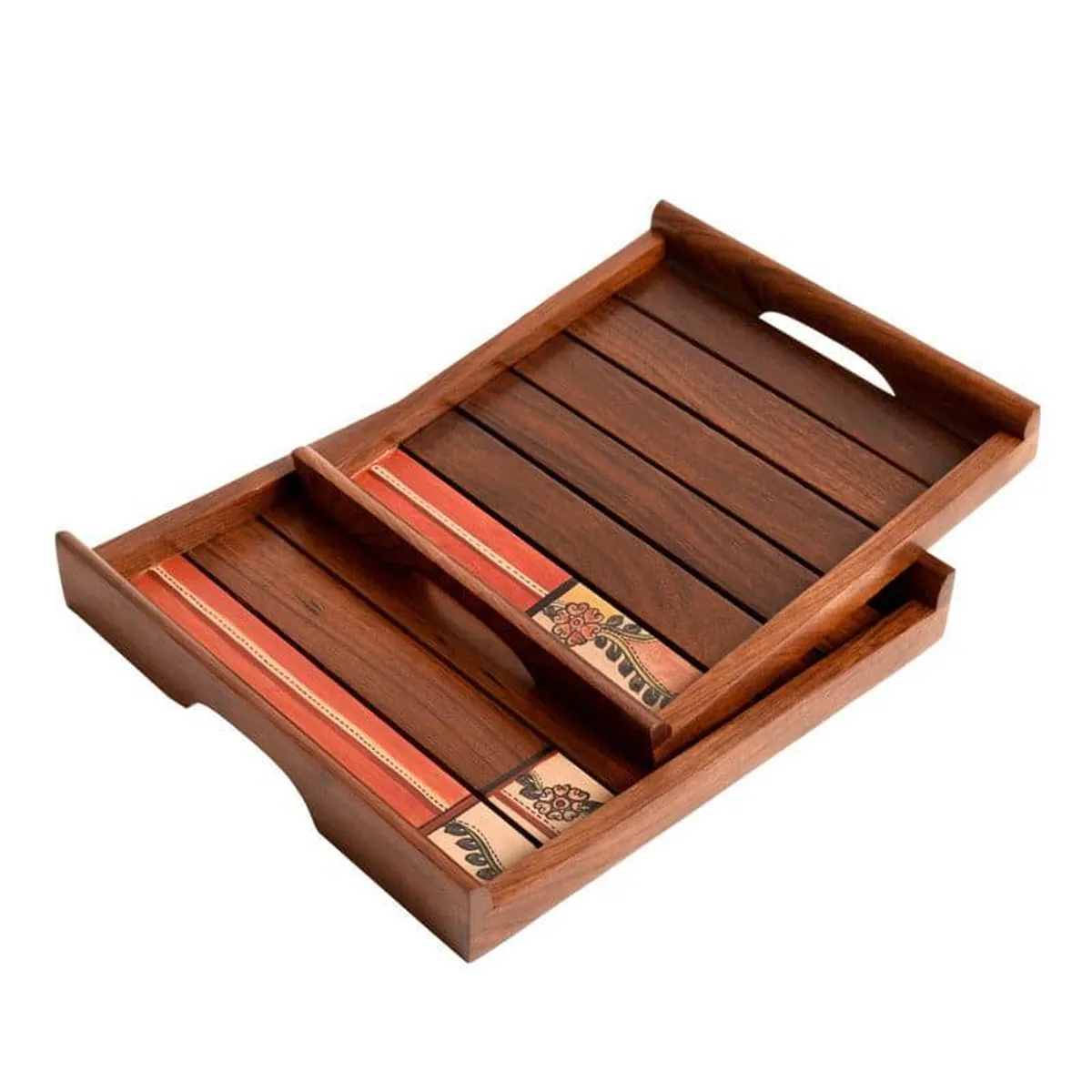 Two brown wooden serving trays with red and floral decorative panels