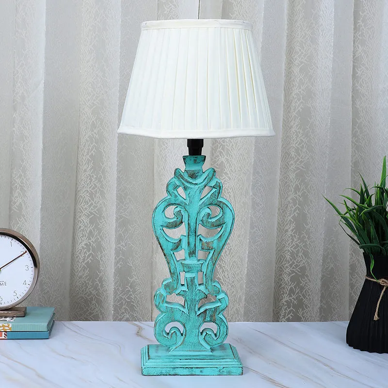 Gujo Deco Pleated Mango Wood Table Lamp - White,Blue media 2