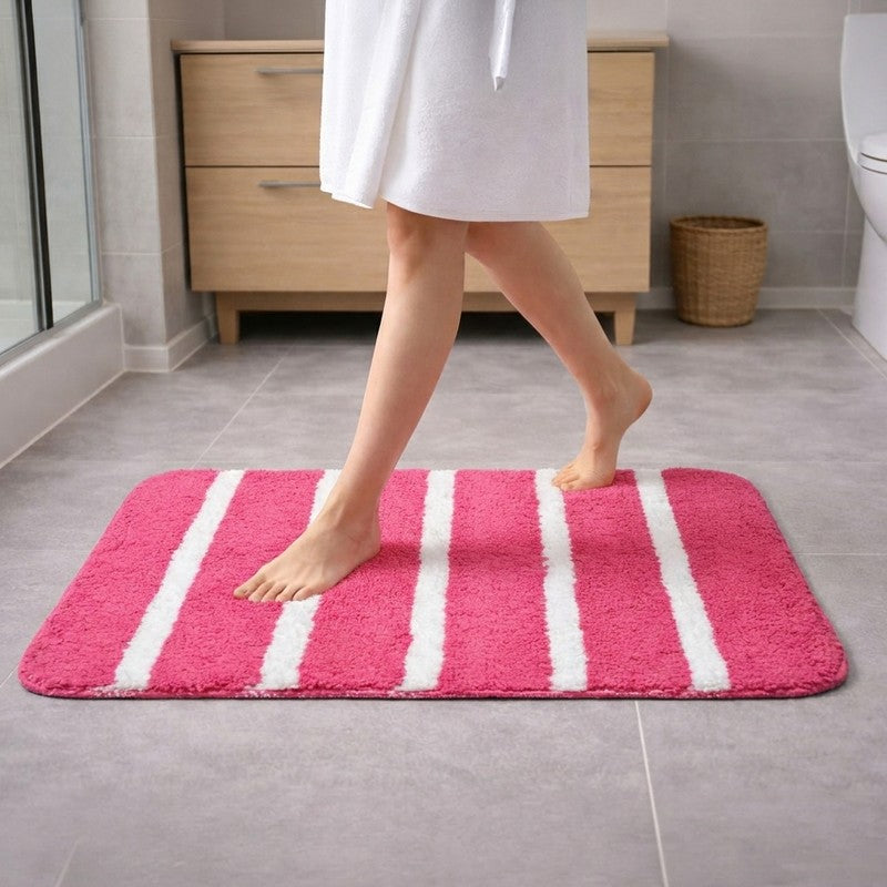 Soft Base Anti Skid Micro Fiber Bath Mat - Pink,White - 37 x 57 cms