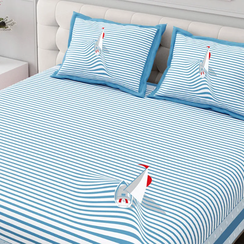 Illusion Stripey Sails Cotton Bedsheet (Blue) - 200 TC media 4