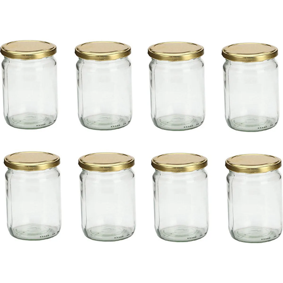 Eight transparent glass storage jars arranged in two rows