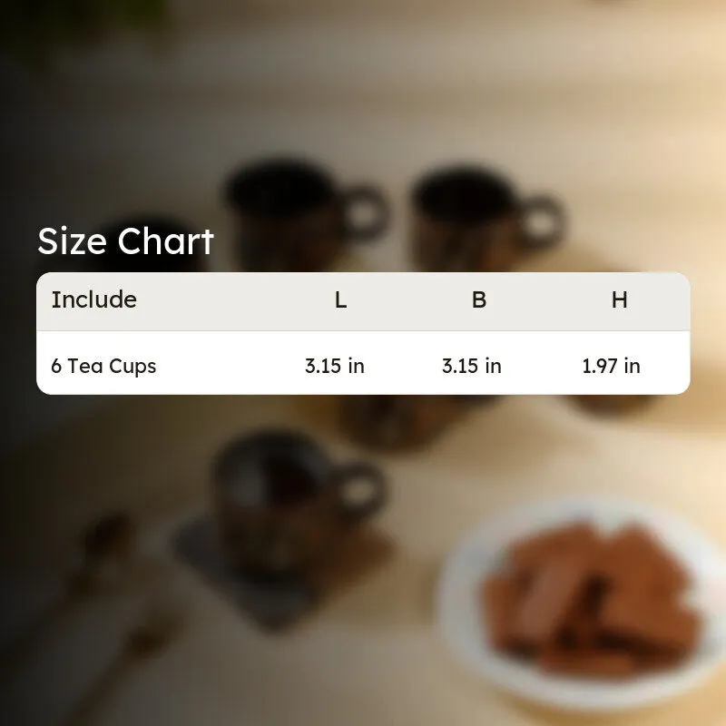 Six tea cups shown in a size reference layout