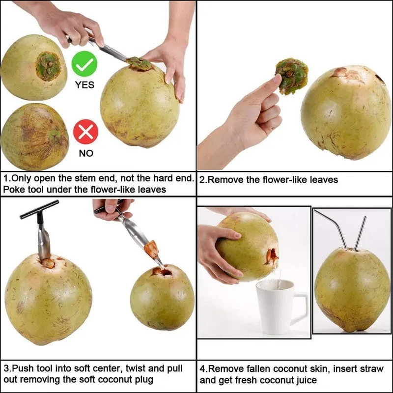 Step-by-step visual showing the coconut opener removing the soft coconut plug