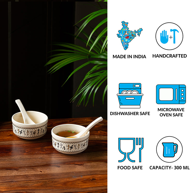 Warli Whirls Handcrafted Ceramic Soup Bowl With Spoon (300 mL) - Four Piece Set media 5
