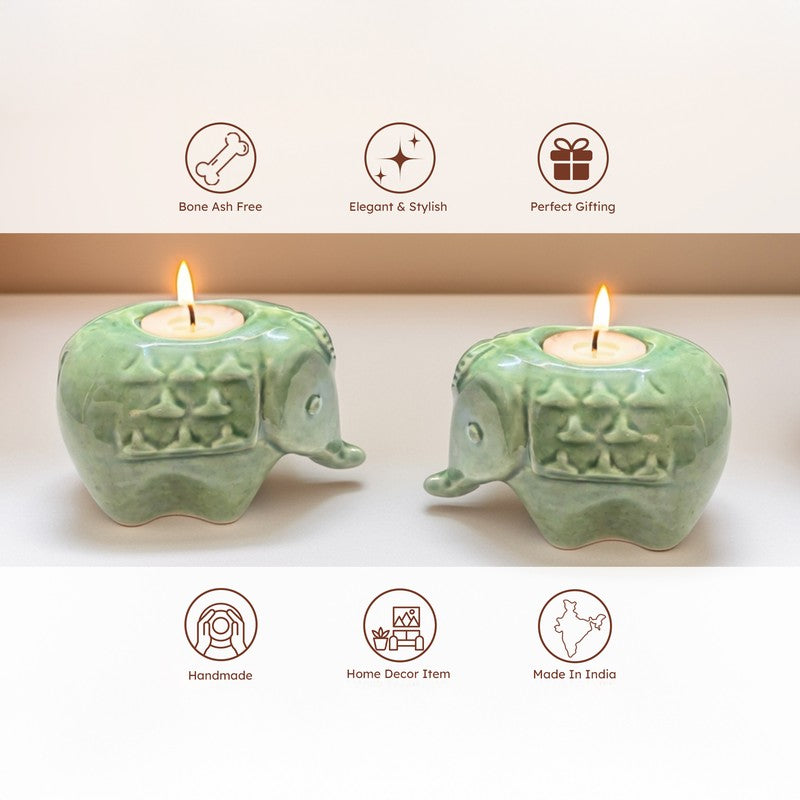 Ebony Elephant Ceramic Tea Light Candle Holders (Green) - Set Of Two media 7