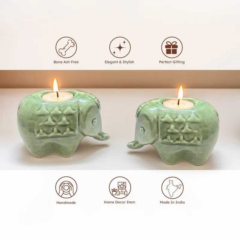 Ebony Elephant Ceramic Tea Light Candle Holders (Green) - Set Of Two media 7