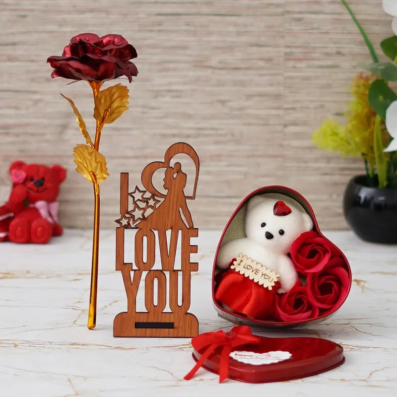 Three-piece red gift set with heart box, rose stem and wooden I Love You decor