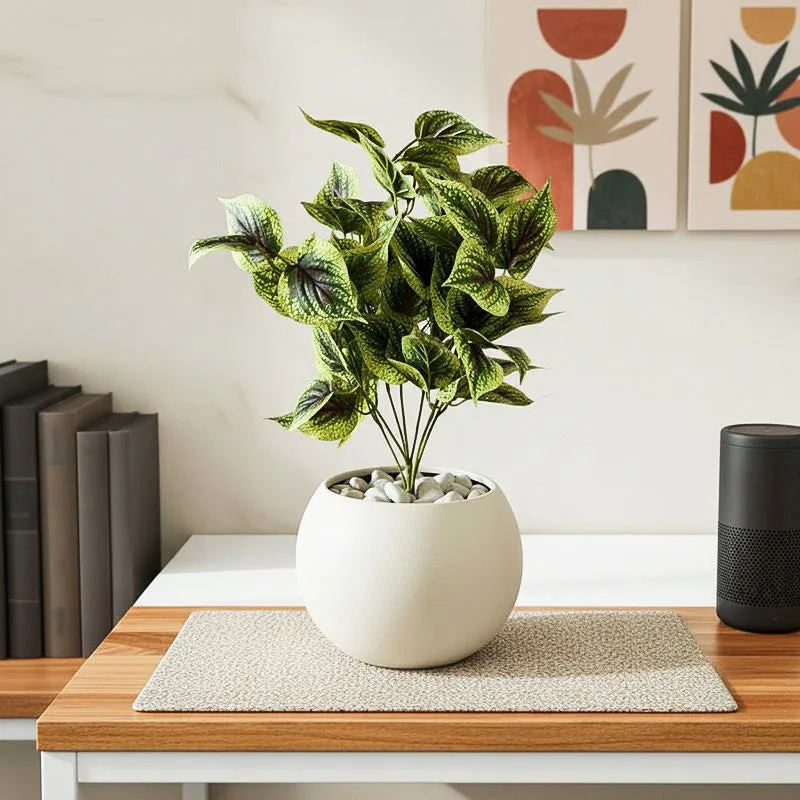 Green faux coleus plant styled in a round white planter on a console