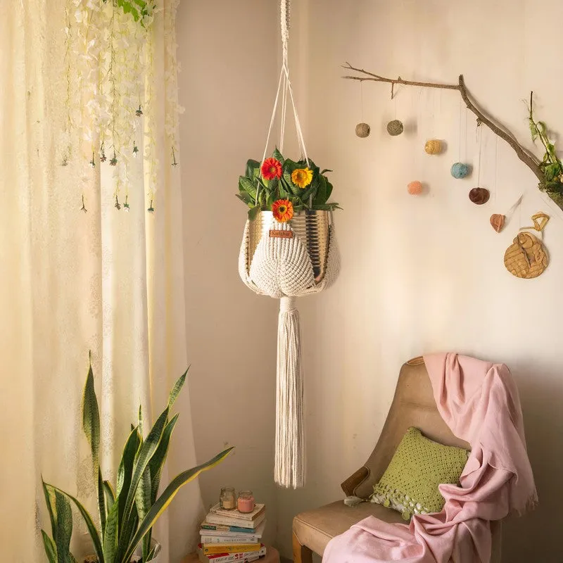 Ivory Hand-Knotted Hanging Planter media 1