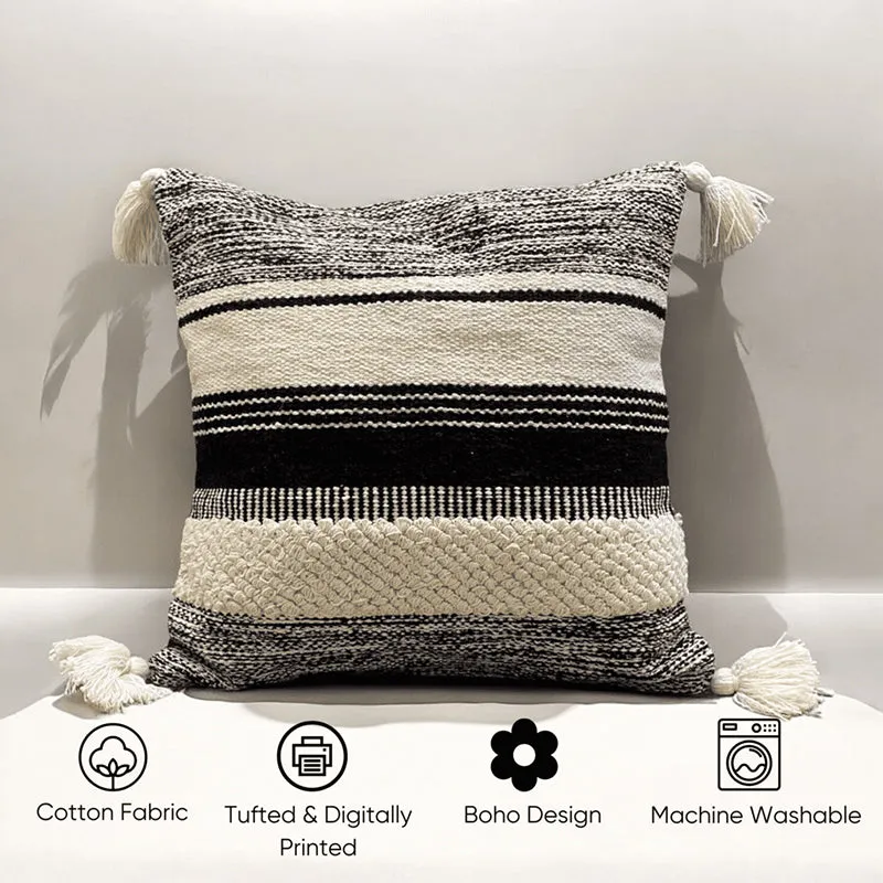 Striped Plush Tufted Cushion Cover ((Black & White)) - Set Of Five media 3