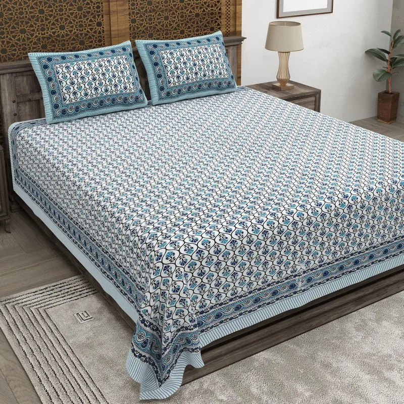 Blossomis Cotton Bedsheet (White,Blue) - 240 TC media 1