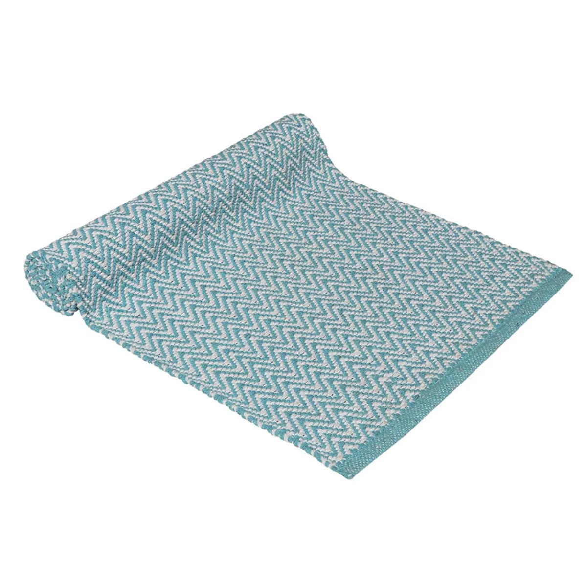 Rolled sky blue runner rug with repeating geometric pattern