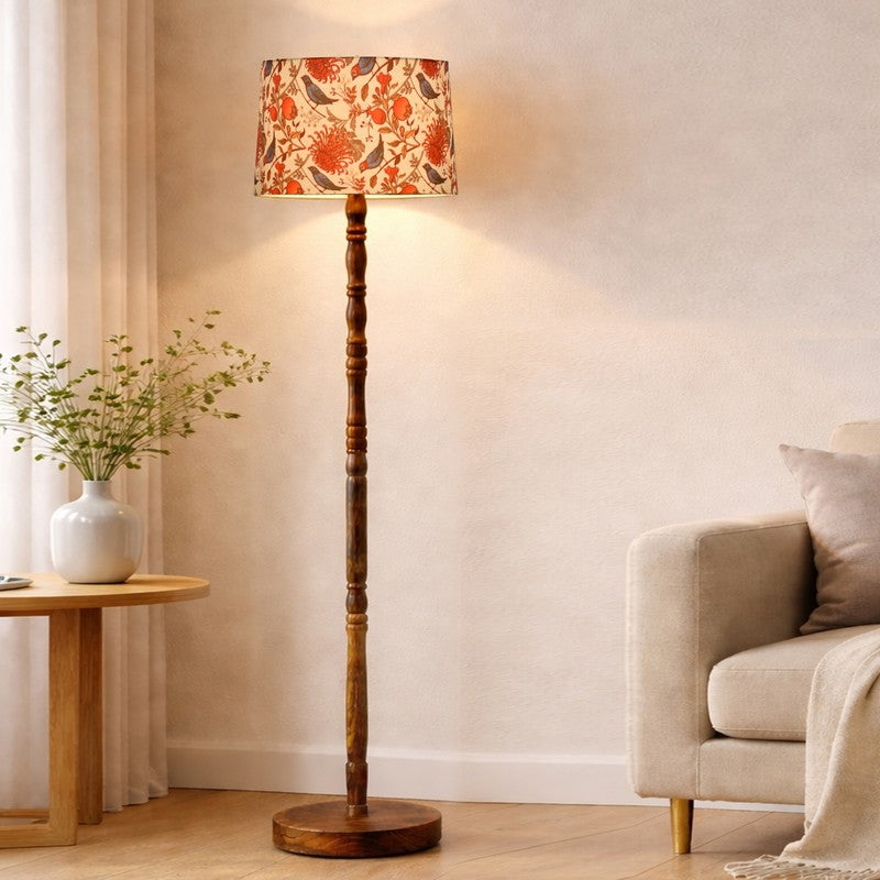 Birdsong Bloom Printed Wooden Floor Lamp - Ivory & Red